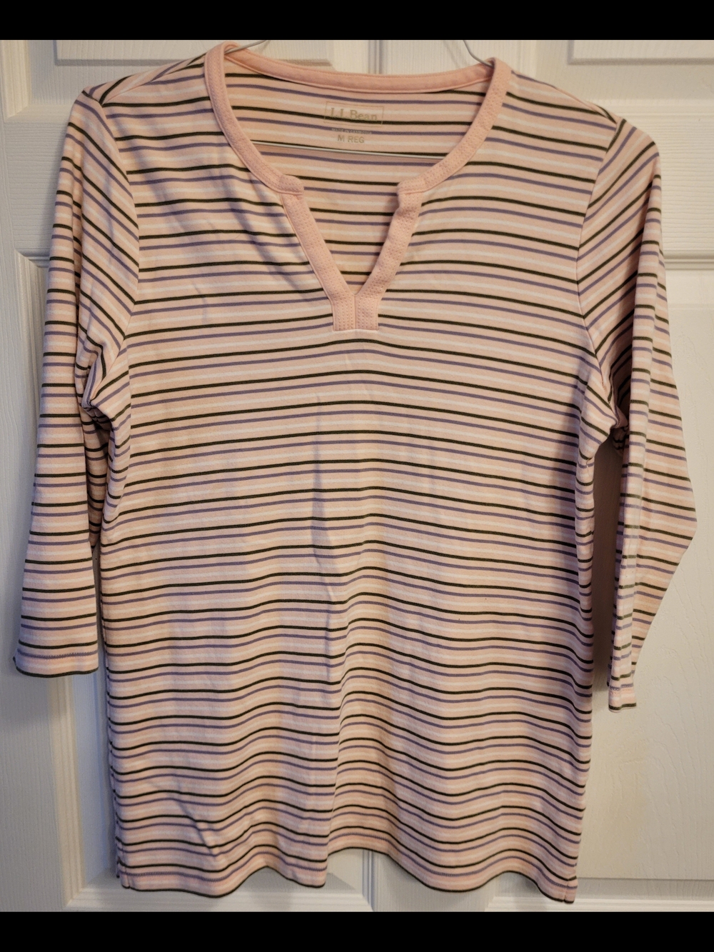 L.L.Bean 3/4 Legth Sleeve Pink Striped Henley Top Sz. Med